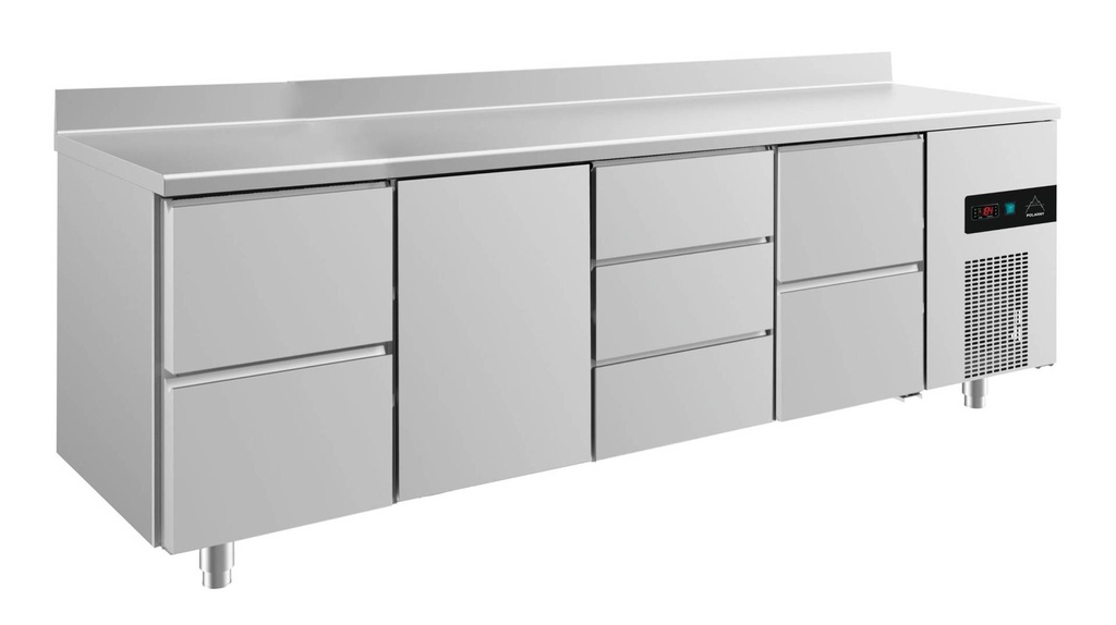 Kühltisch -2 bis +8°C 2330x700x850mm mit 1x Tür, 2x zwei Schubladen und 1x 3 Schubladen u. Aufkantung