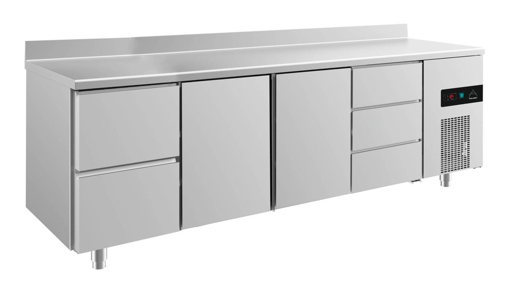 Kühltisch -2 bis +8°C 2330x700x850mm mit 2x Türen, 1x zwei Schubladen und 1x 3 Schubladen u. Aufkantung