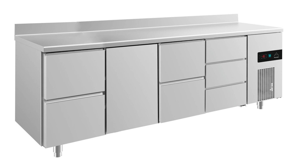 Kühltisch -2 bis +8°C 2330x700x850mm mit 1x Tür, 2x zwei Schubladen und 1x 3 Schubladen u. Aufkantung