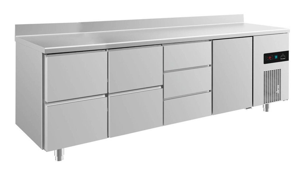 Kühltisch -2 bis +8°C 2330x700x850mm mit 1x Tür und 3x zwei Schubladen u. Aufkantung