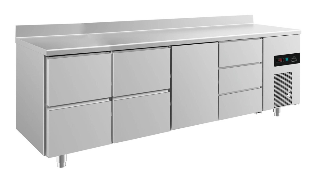 Kühltisch -2 bis +8°C 2330x700x850mm mit 1x Tür, 2x zwei Schubladen und 1x 3 Schubladen u. Aufkantung