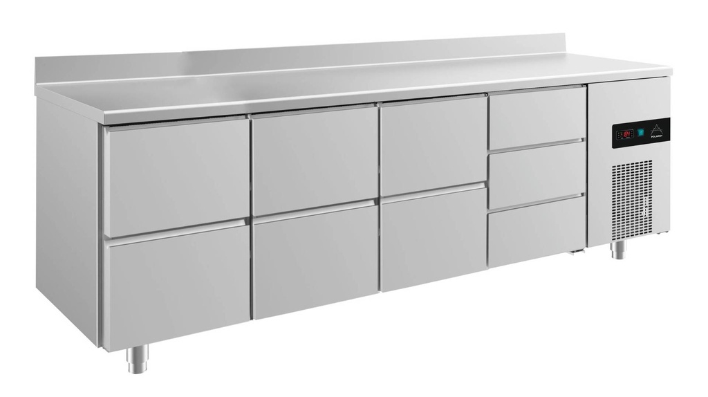 Kühltisch -2 bis +8°C 2330x700x850mm mit 3x zwei Schubladen und 1x drei Schubladen u. Aufkantung