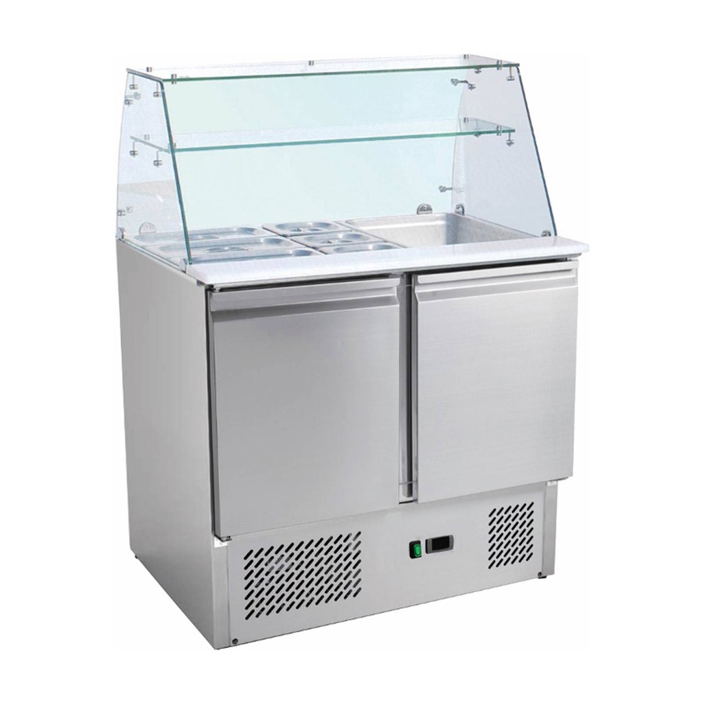 Saladette mit eingebauter Kühlung und Glasaufsatz | 2 Türen | Volumen: 213 Liter | 900 x 700 x 1310 mm