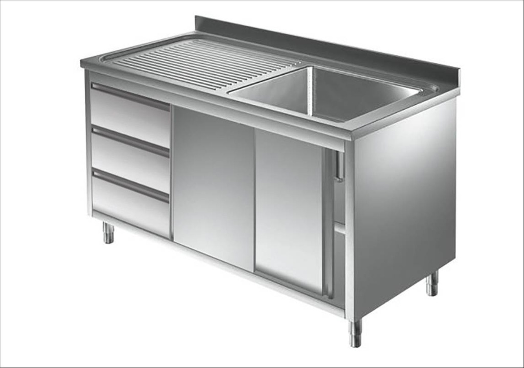 Spülschrank mit Schubladenblock, 1 Becken rechts, Bautiefe 600 mm | 140x600x850 mm