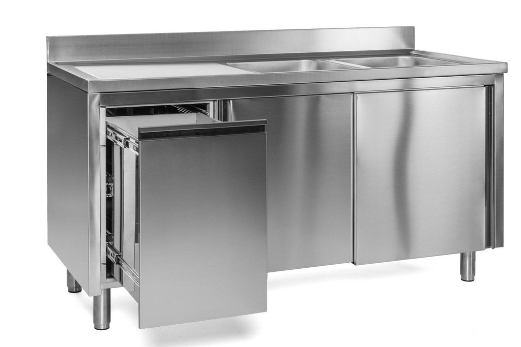 Spülschrank mit Abfallbehälter, 2 Becken links, Bautiefe 600 mm | 140x600x850 mm