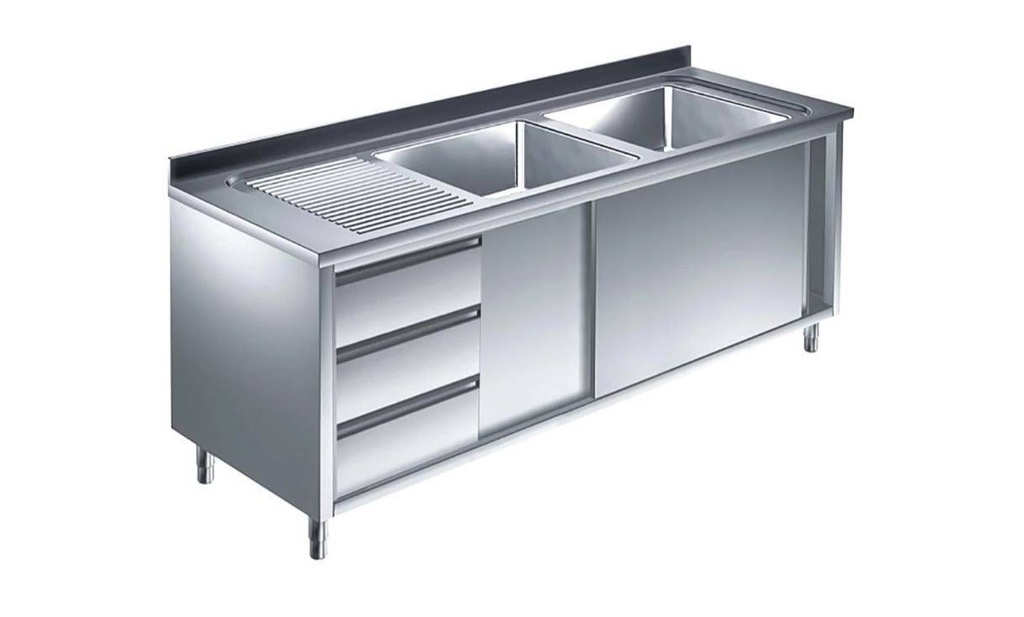 Spülschrank mit Schubladenblock, 2 Becken rechts, Bautiefe 700 mm | 140x700x850 mm