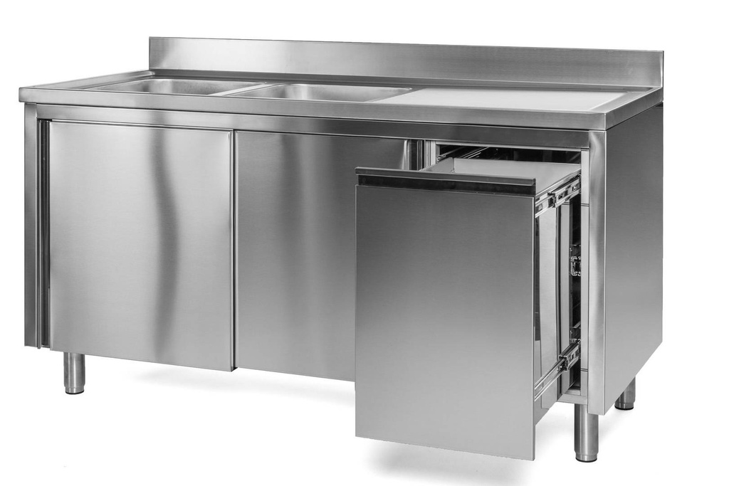Spülschrank mit Abfallbehälter, 2 Becken links, Bautiefe 700 mm | 150x700x850 mm