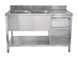 Spültisch mit Schubladenblock, 2 Becken links, Bautiefe 600 mm | 140x600x850 mm
