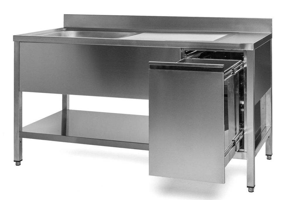 Spültisch mit Abfallbehälter, 1 Becken links, Bautiefe 700 mm | 140x700x850 mm