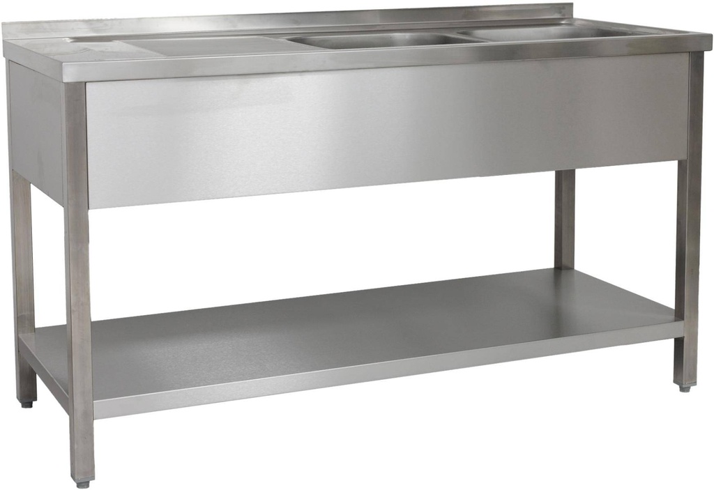 Spültisch 1500 x 600 x 850 mm 2 Becken rechts, mit Grundboden  600 mm Tiefe