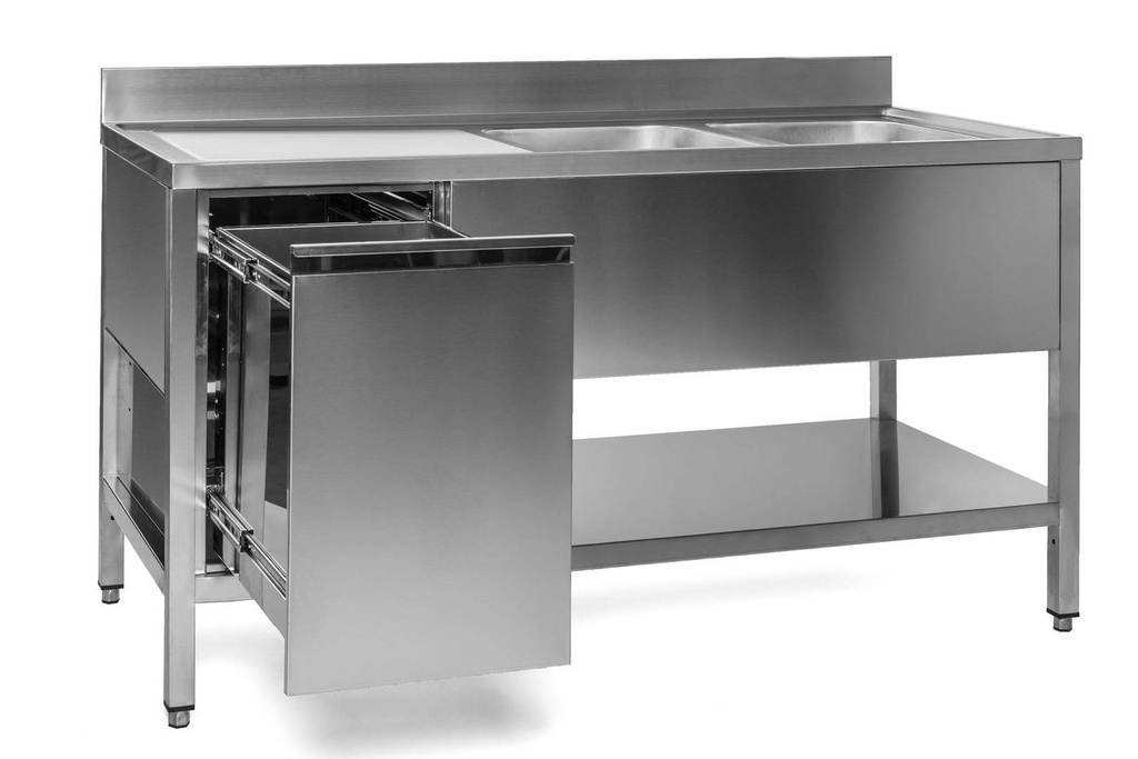 Spültisch mit Abfallbehälter, 2 Becken rechts, Bautiefe 600 mm | 150x600x850 mm