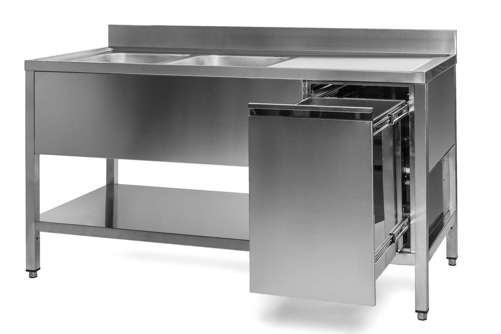 Spültisch mit Abfallbehälter, 2 Becken links, Bautiefe 600 mm | 160x600x850 mm