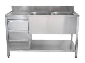 Spültisch mit Schubladenblock, 2 Becken rechts, Bautiefe 700 mm | 180x700x850 mm