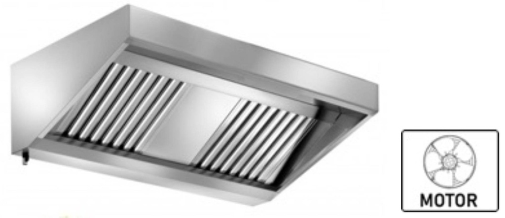 Wandhaube Edelstahl inklusive eingebautem Ventilator (230 V), umlaufende Fettauffangrinne,  herausnehmbare Flammschutzfilter Typ-B, Beleuchtung mit Leuchtstoffröhre, Fettablassventil
