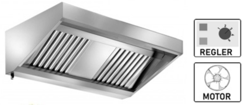 Wandhaube Edelstahl inklusive eingebautem Ventilator (230 V) mit externem Regler, umlaufende Fettauffangrinne,  herausnehmbare Flammschutzfilter Typ-B, Beleuchtung mit Leuchtstoffröhre, Fetta