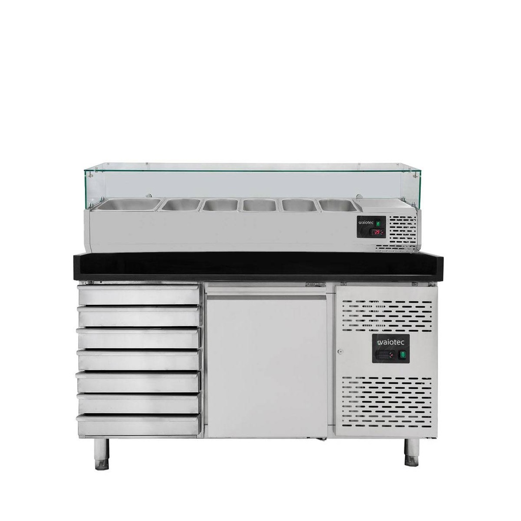 Pizzakühltisch / 1-türig & 7 Schubladen "schwarz" inkl. Kühlaufsatz GN1/3, 1510 x 800 mm