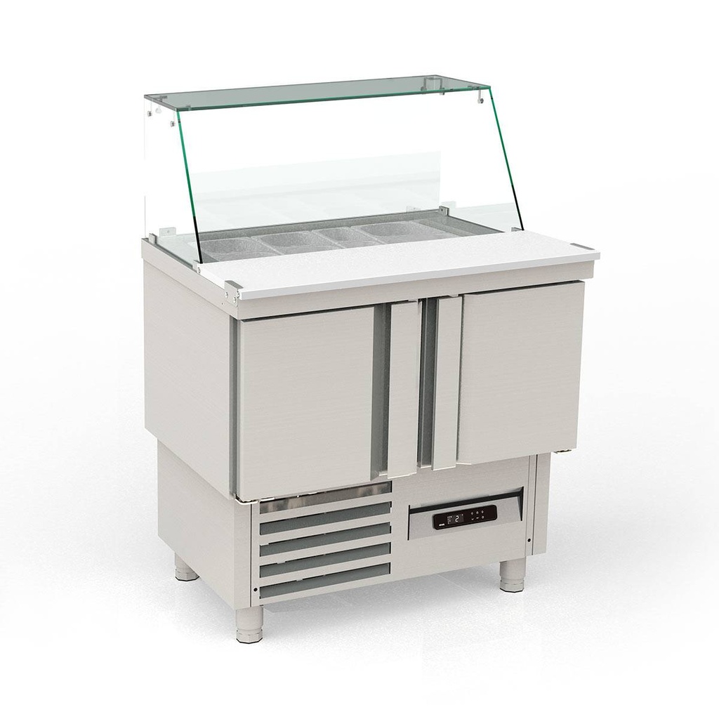TOPLINE Saladette / 2-fach mit Türen, Glasaufsatz schräg, GN 1/6, 925 x 700 mm