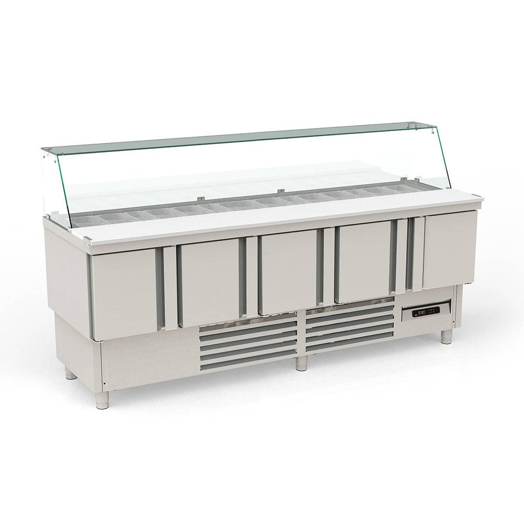 TOPLINE Saladette / 5-fach mit Türen, Glasaufsatz schräg, GN 1/6 & 1/9, 2275 x 700 mm
