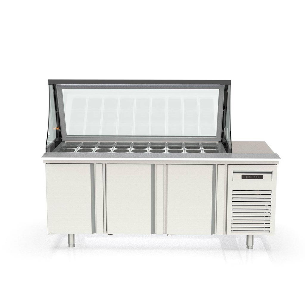 TOPLINE Zubereitungstisch / 3-fach mit Türen, Glasklappdeckel, GN 1/6, EN 60x40, 2020 x 800 mm