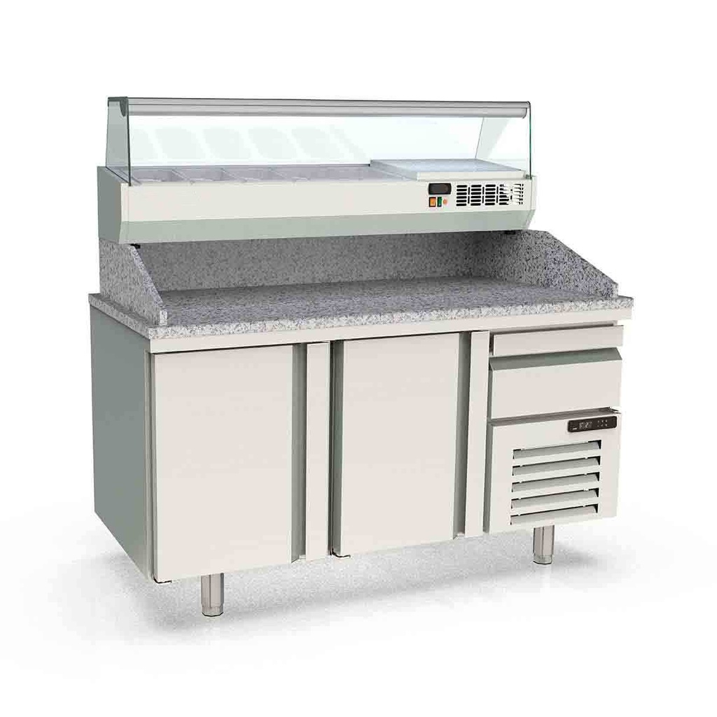 TOPLINE Pizzatisch / 2-fach mit Türen, EN 60x40, Schublade, Granitplatte grau, inkl. Kühlaufsatz, GN 1/4, 1565 x 800 mm