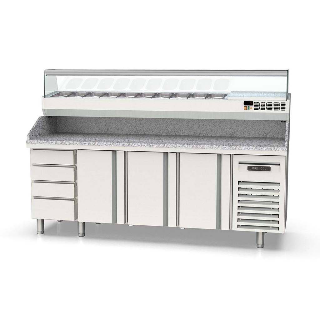 TOPLINE Pizzatisch / 4-fach mit 3 Türen, Schubladenblock, Granitplatte grau, inkl. Kühlaufsatz, GN 1/4, 2245 x 700 mm