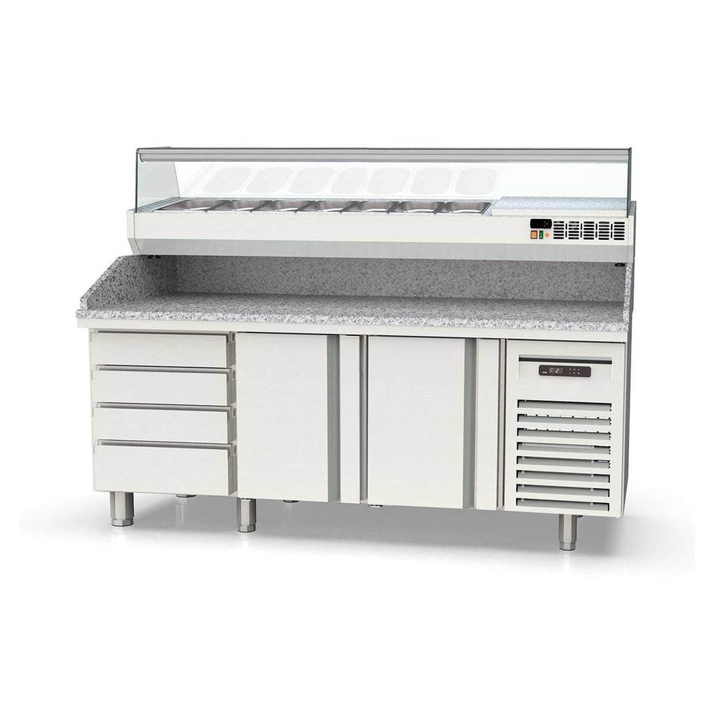 TOPLINE Pizzatisch / 3-fach mit 2 Türen, EN 60x40, Schubladenblock, Granitplatte grau, inkl. Kühlaufsatz, GN 1/4, 2020 x 800 mm