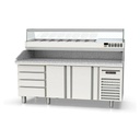 TOPLINE Pizzatisch / 3-fach mit 2 Türen, EN 60x40, Schubladenblock, Granitplatte grau, inkl. Kühlaufsatz, GN 1/4, 2020 x 800 mm