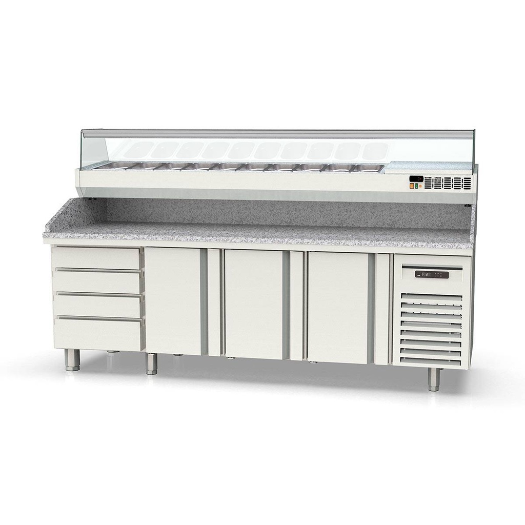 TOPLINE Pizzatisch / 4-fach mit 3 Türen, EN 60x40, Schubladenblock, Granitplatte grau, inkl. Kühlaufsatz, GN 1/4, 2545 x 800 mm