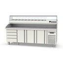 TOPLINE Pizzatisch / 4-fach mit 3 Türen, EN 60x40, Schubladenblock, Granitplatte grau, inkl. Kühlaufsatz, GN 1/4, 2545 x 800 mm