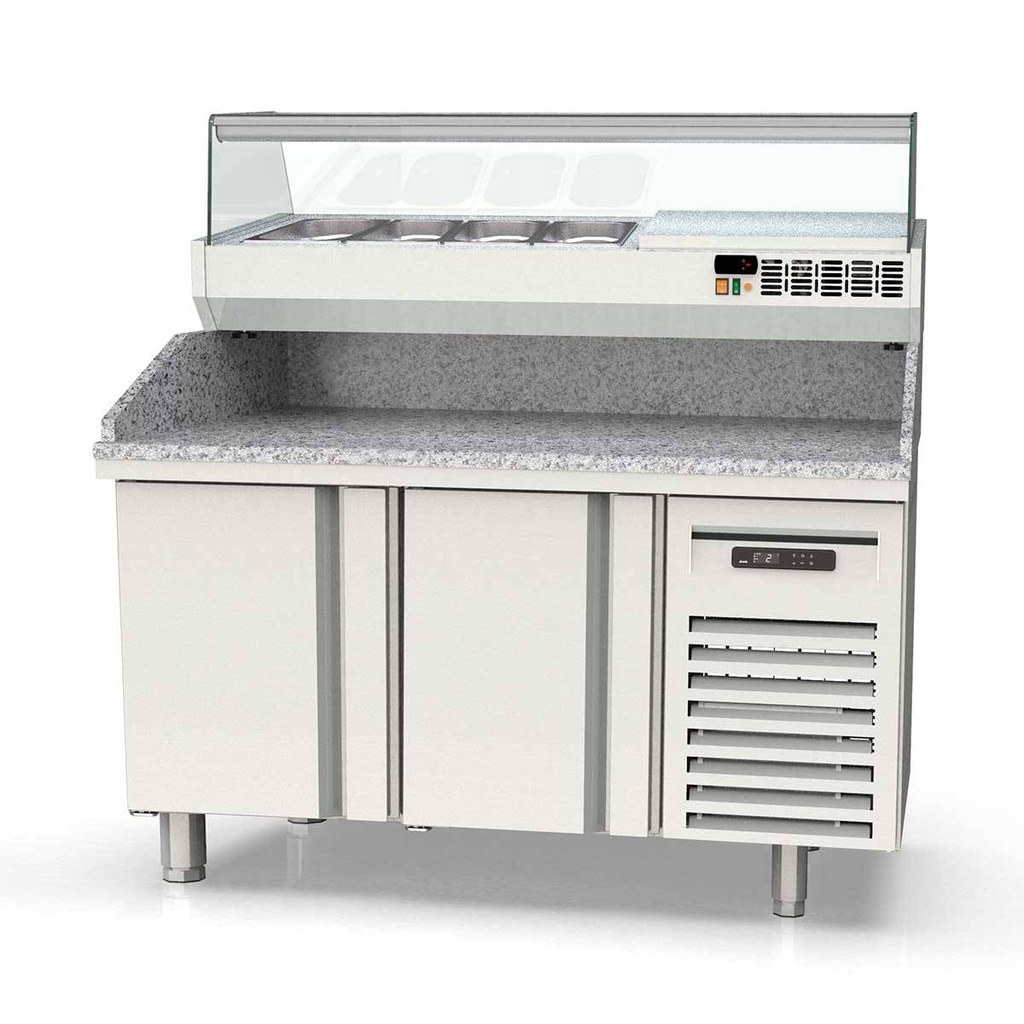 TOPLINE Pizzatisch / 2-fach mit Türen, Granitplatte grau, inkl. Kühlaufsatz, GN 1/4, 1495 x 600 mm