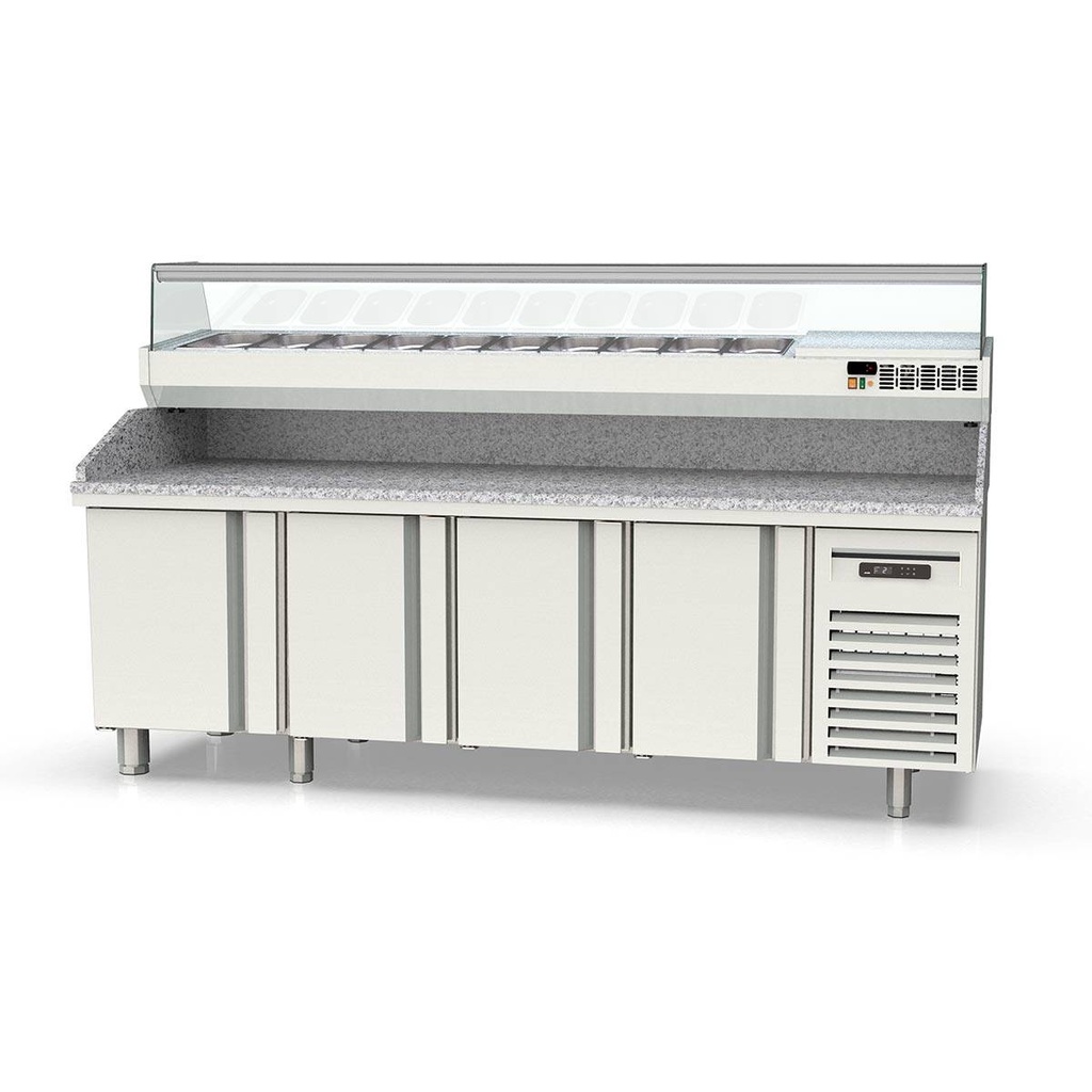 TOPLINE Pizzatisch / 4-fach mit Türen, Granitplatte grau, inkl. Kühlaufsatz, GN 1/4, 2545 x 600 mm