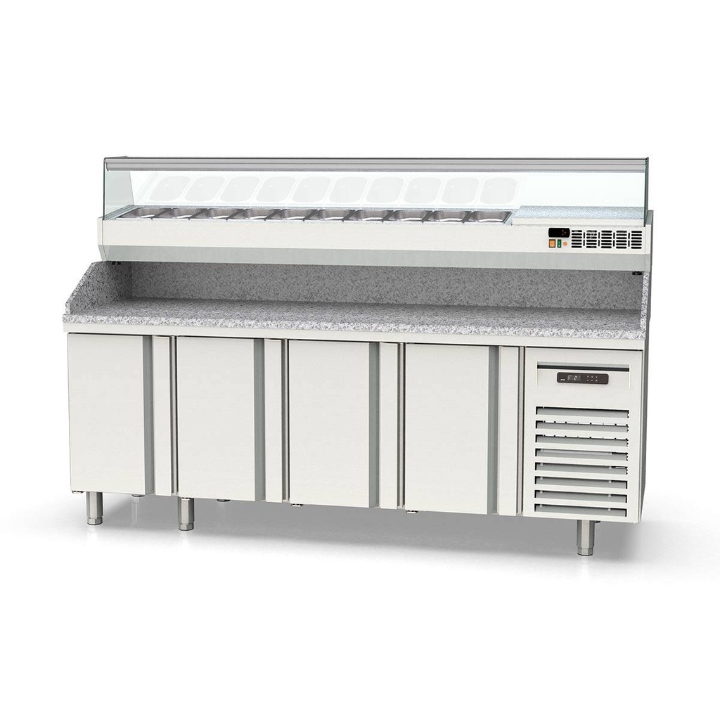 TOPLINE Pizzatisch / 4-fach mit Türen, Granitplatte grau, inkl. Kühlaufsatz, GN 1/4, 2245 x 700 mm