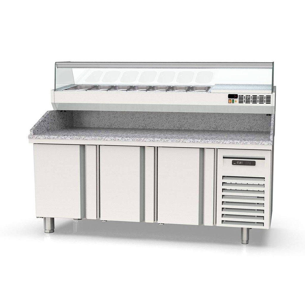 TOPLINE Pizzatisch / 3-fach mit Türen, EN 60x40, Granitplatte grau, inkl. Kühlaufsatz, GN 1/4, 2020 x 800 mm