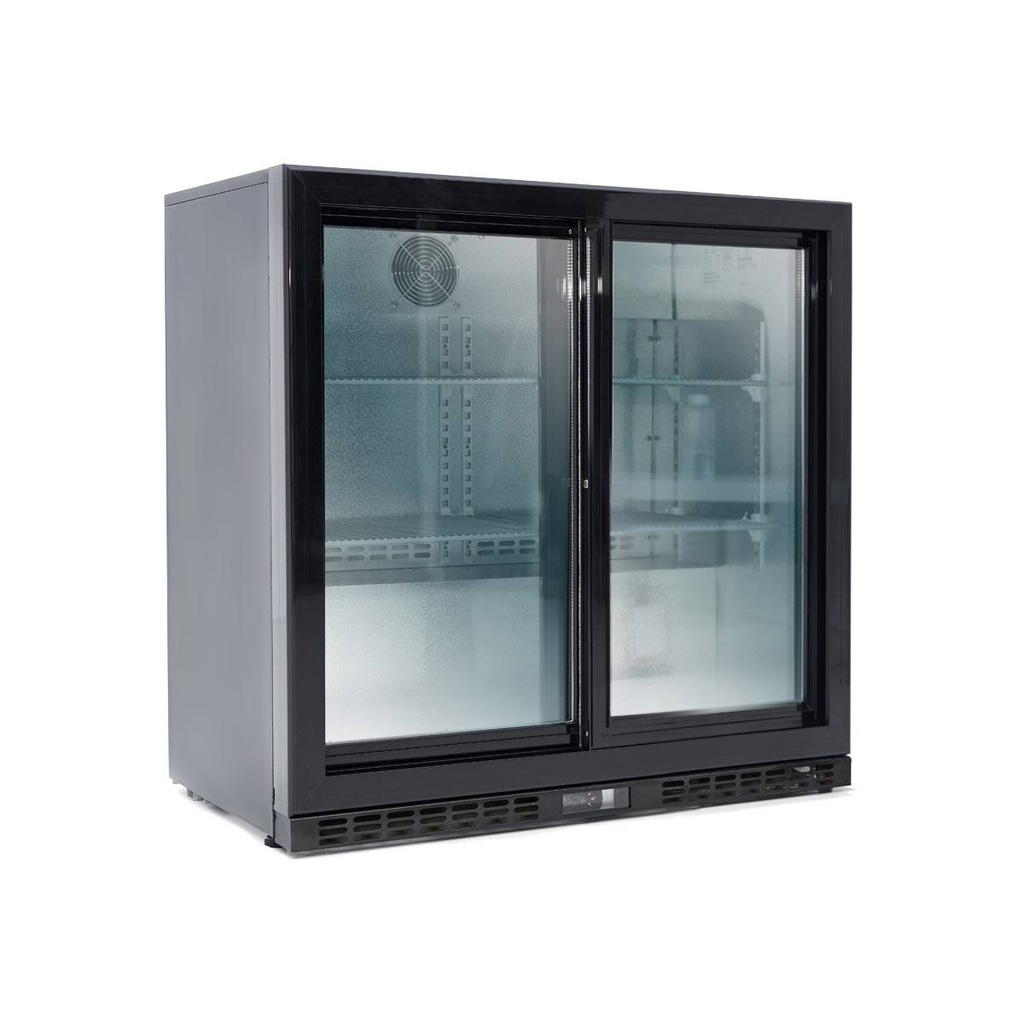 Barkühlschrank schwarz / 2 Glasschiebetüren, Höhe 900 mm, 900 x 520 mm
