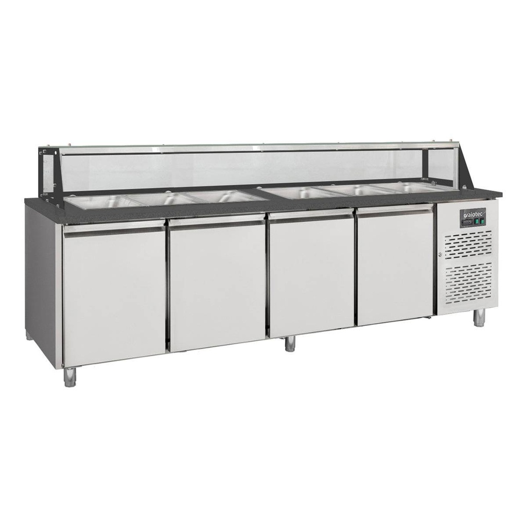 Salattheke / 4-fach mit Türen, Glasaufbau, für 6x GN 1/1 "schwarz", 2500 x 800 mm