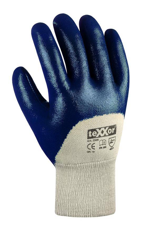 Arbeitsschutzhandschuhe Nitril- beschichtet, mit Strickbund, beige/blau, Höhere-Qualität | Größe: 07