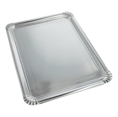 10 x 10 Servierplatten, Pappe, PET-beschichtet eckig 34 cm x 45,5 cm silber