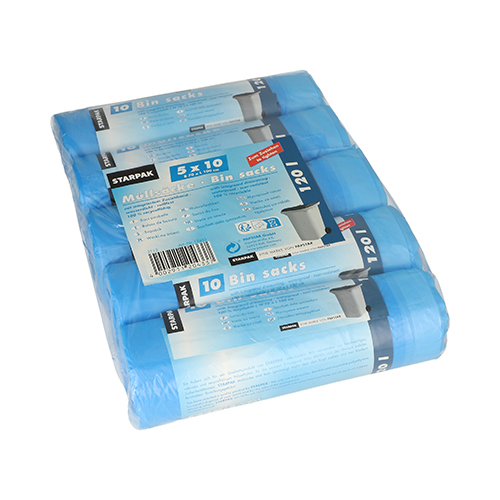 4 x 50 Müllsäcke mit Zugband, HDPE 120 l 100 cm x 70 cm blau
