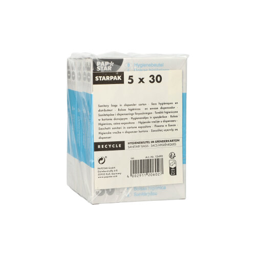 10 x 150 Hygienebeutel 28,5 cm x 8 cm x 7 cm weiss im Spenderkarton