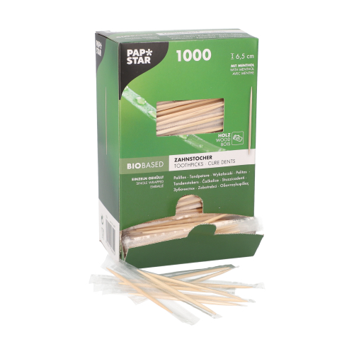 12 x 1000 Zahnstocher, Holz gehüllt rund 6,5 cm mit Menthol