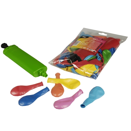 5 x 100 Luftballons mit Pumpe Ø 22 cm farbig sortiert