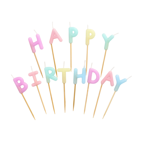 12 x Buchstabenkerzen-Set pastell 8 cm "Happy Birthday"