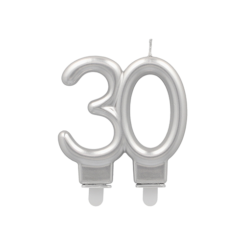 12 x Jubiläumskerzen mit Halter 7 cm silber "30"