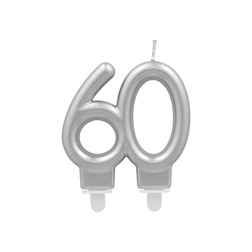 12 x Jubiläumskerzen mit Halter 7 cm silber "60"
