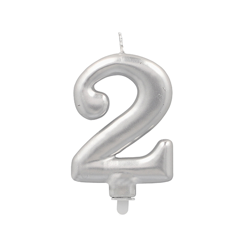 12 x Zahlenkerze mit Halter 7 cm silber "2"