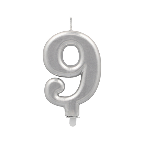 12 x Zahlenkerze mit Halter 7 cm silber "9"