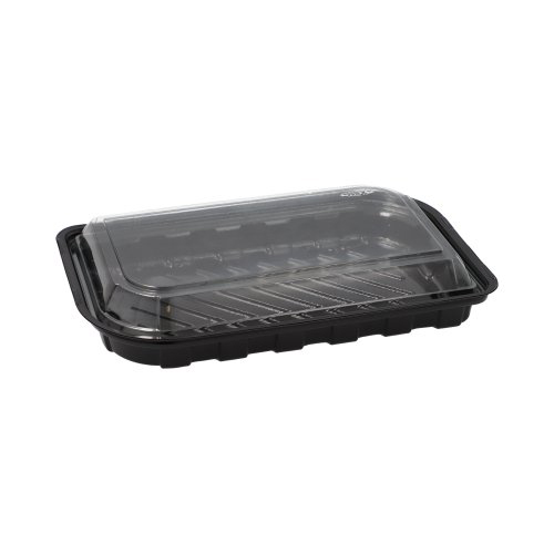 14 x 50 Sushi-Schalen R-PET rechteckig 21 cm x 13 cm x 4,3 cm schwarz mit transparentem Deckel