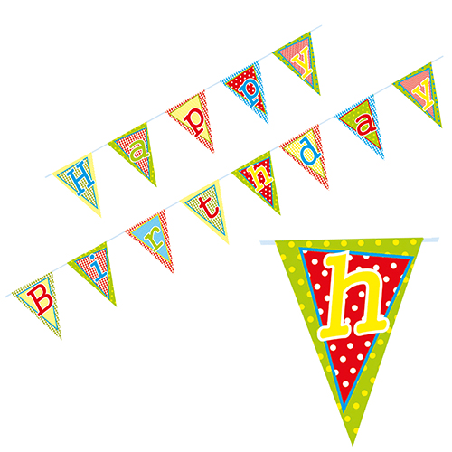 10 x Wimpelkette, Papier 4 m "Happy Birthday" lackiert
