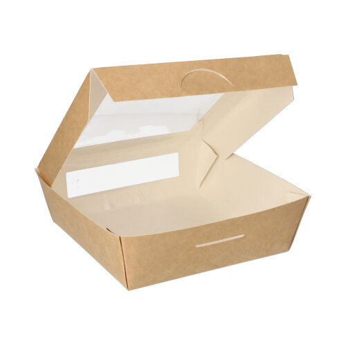 4 x 25 Feinkostboxen, Pappe mit Sichtfenster aus PLA eckig 1000 ml 16 cm x 16 cm x 5 cm braun