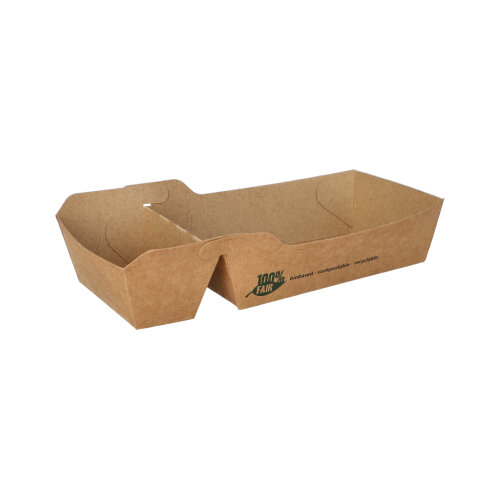 12 x 80 Pommes-Frites-Trays, Pappe "pure" 2-geteilt 3,5 cm x 7 cm x 16,3 cm braun "100% Fair" mittel